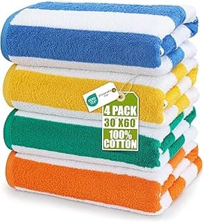 Utopia Towels Pack of 4 Cabana Beach Towels, Oversized 30 x 60 Inches Cotton Beach Towel Set, Smooth Ring Spun Texture for Pool and Swim Da...